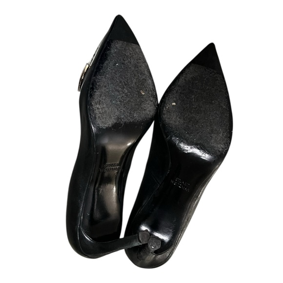Stuart Weitzman Stanton 90 black leather heels with metallic gold bow accent - Picture 7 of 10